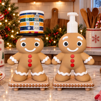 Holiday Cheer Gingerbread Duo: Foaming Soap Holder & 3-Wick Candle Stand